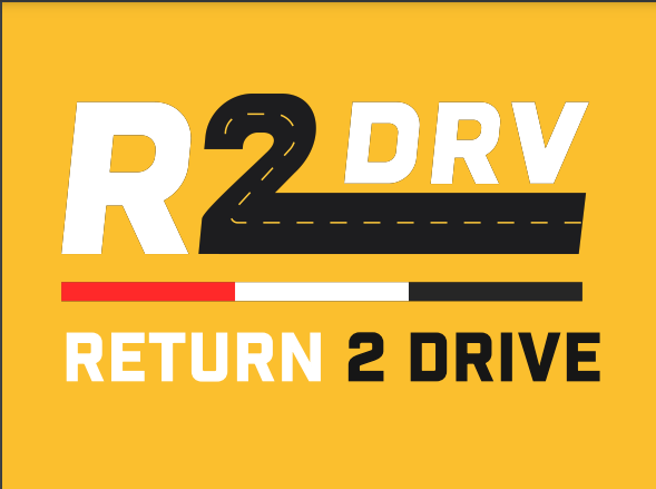 The logo for R2DRV: Return 2 Drive features white and black lettering over a field of yellow.